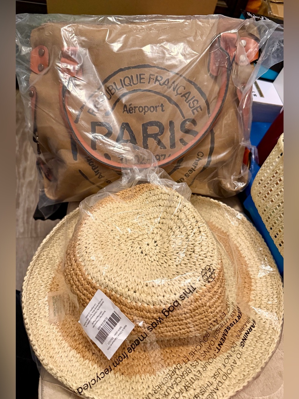 Tan Canvas Paris Tote with Summer & Rose Bucket Straw Hat NEW